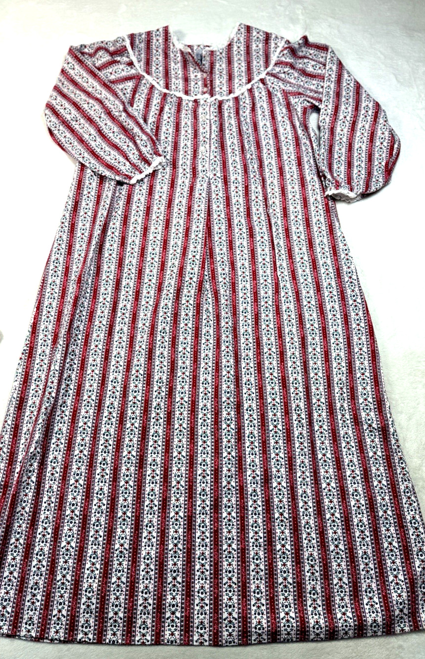 Lanz of Salzburg Tyrolean Stripe Flannel Nightgown Dress Red White Sz Med
